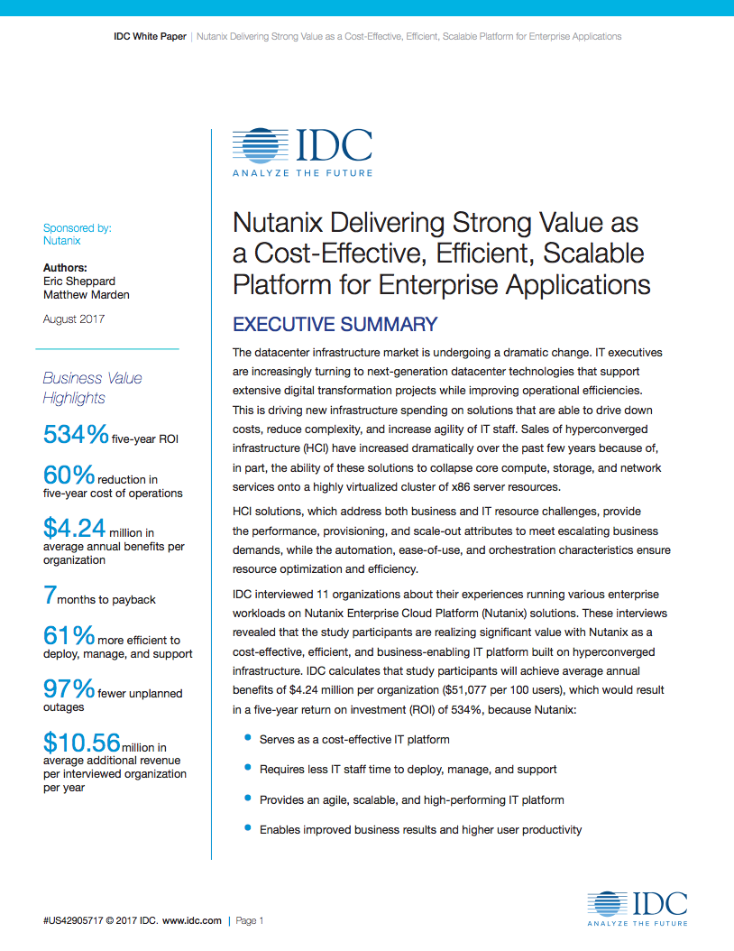 IDC ROI分析和Nutanix的TCO比较