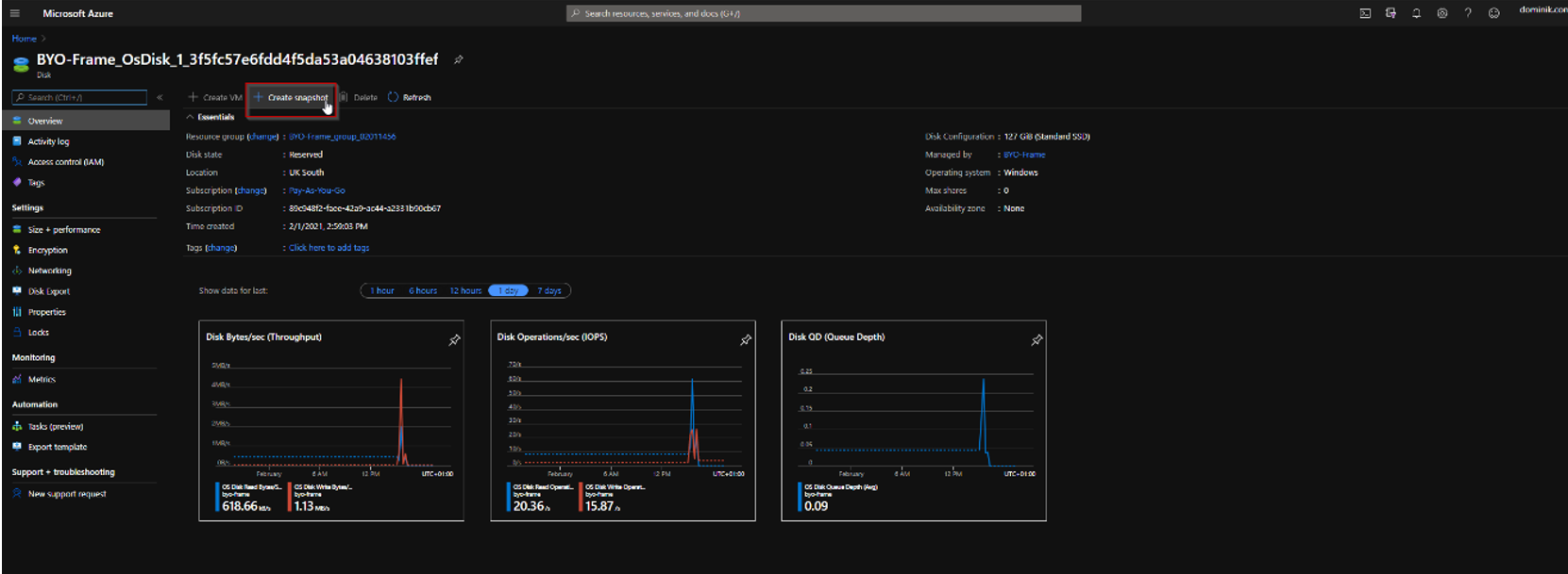 Azure Portal - Create Snapshot