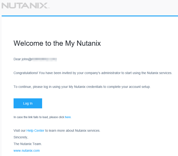 我的Nutanix用户邀请电子邮件